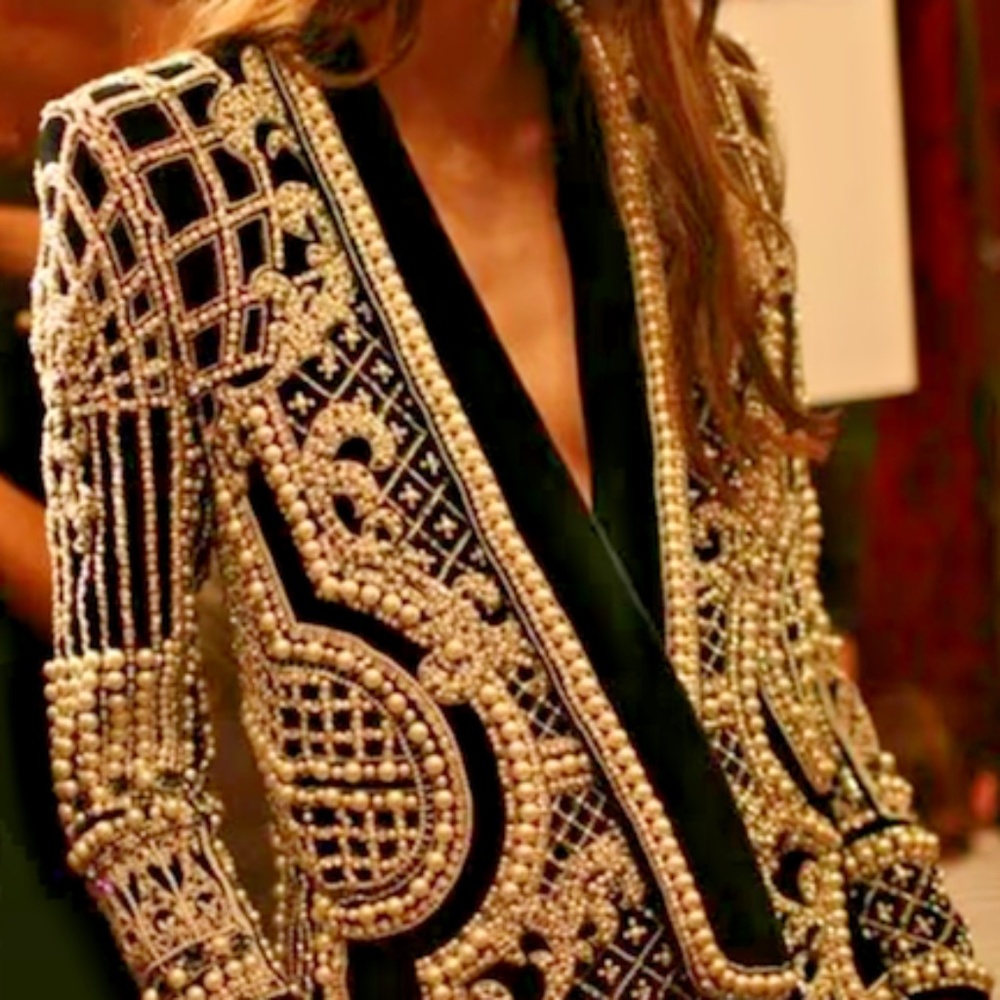 Elegant Black Blazer with Gold and Pearl Details Size S/M